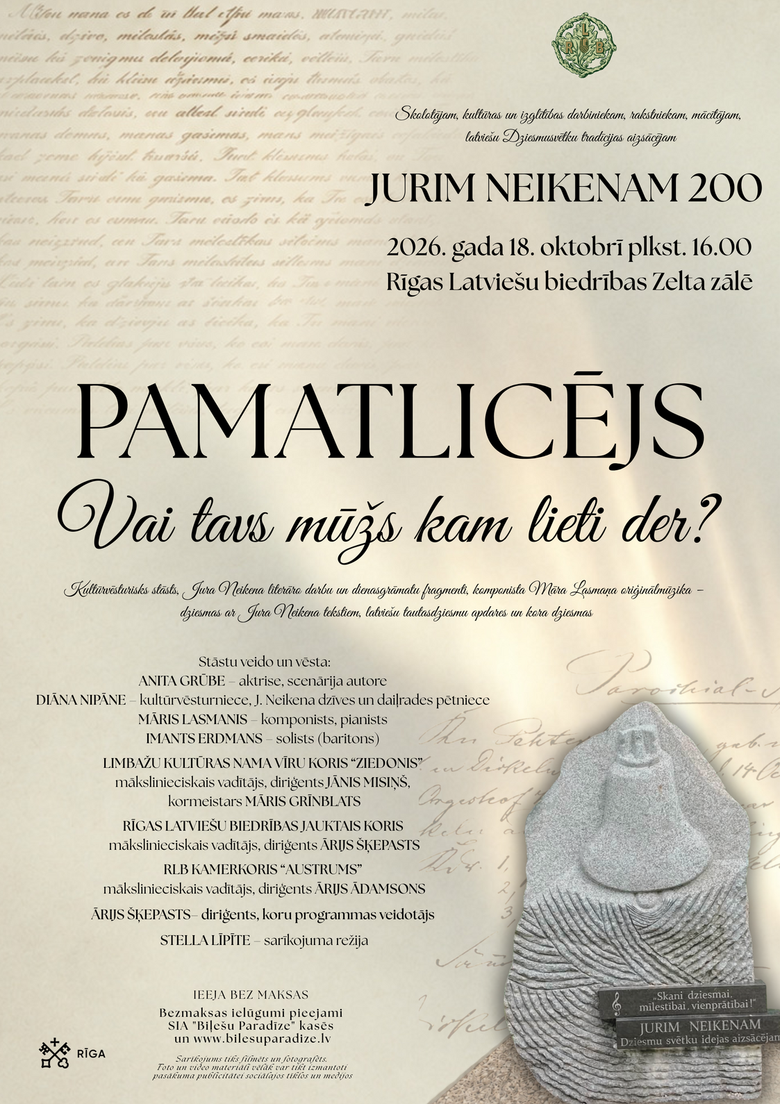 Rīgas Latviešu biedrība 2026. gada 18. oktobrī 200. jubilejas gadā godinās Juri Neikenu